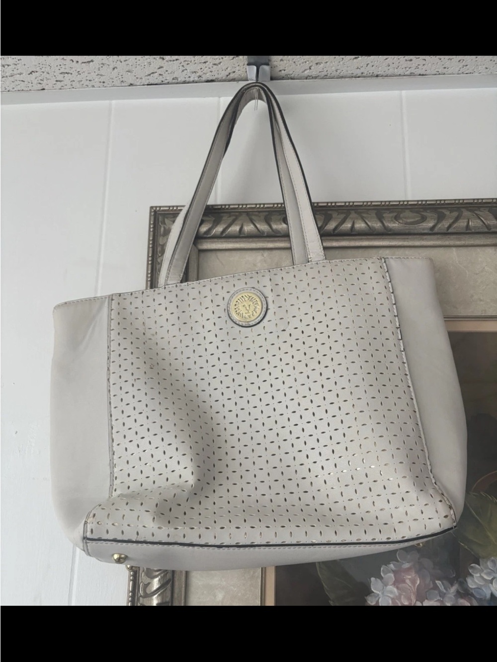 Anne Klein Light Gray Perforated Tote with Gold Medallion